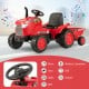 Red 12V kids ride-on tractor with detachable trailer, music, horn, and remote control for safe outdoor fun.